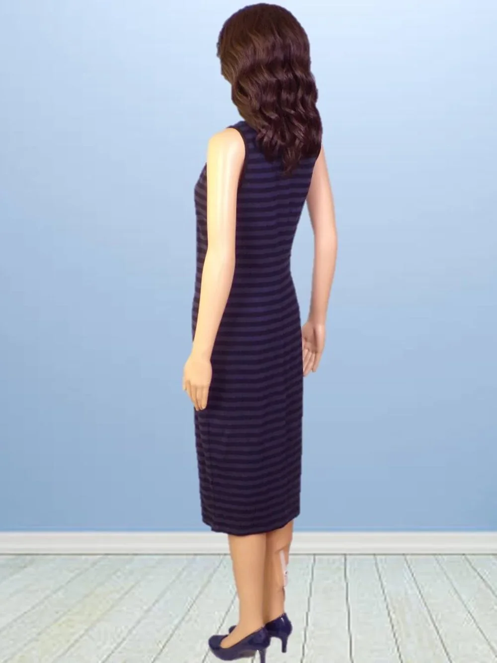 OLD NAVY size S navy-blue/black horizontal stripes sleeveless midi sheath dress